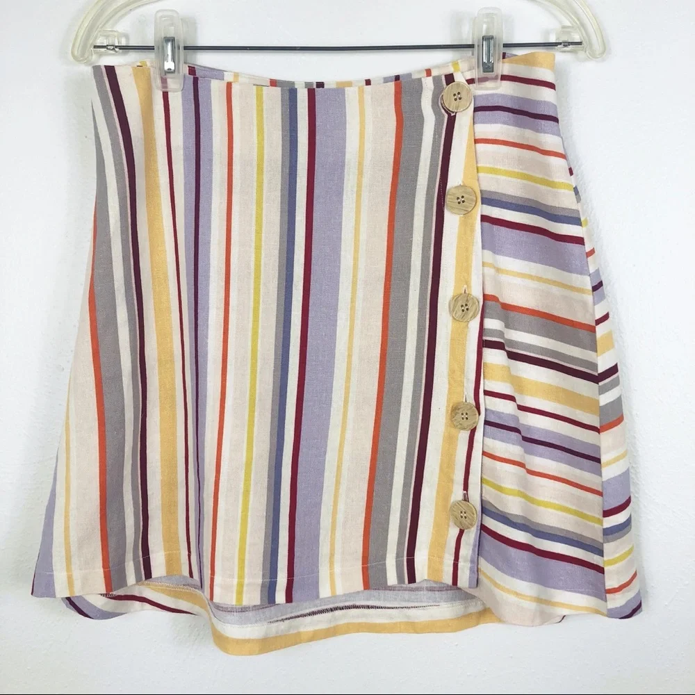 Lush Rainbow Striped Front Button Linen Micro Mini Skirt - Picture 1 of 8